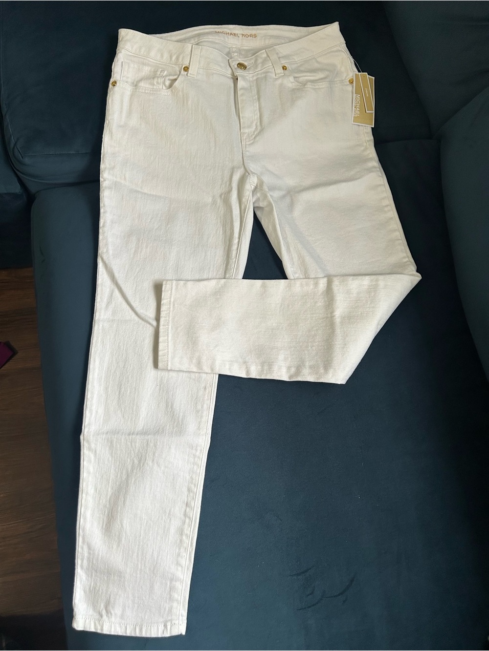 Michael Kors Women’s White Skinny Jeans with Gold-Tone Hardware